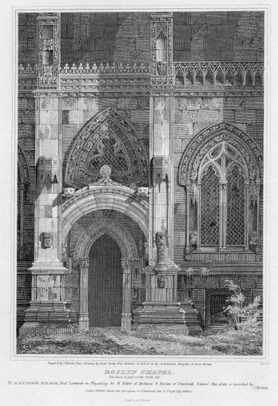 Cappella di Roslyn, elevazione di parte del lato sud, inciso da J. Burnett da Joseph Michael Gandy